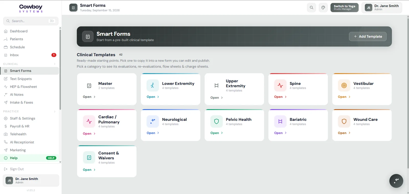 Smart Forms screen in Cowboy Systems listing 42 clinical templates across specialties